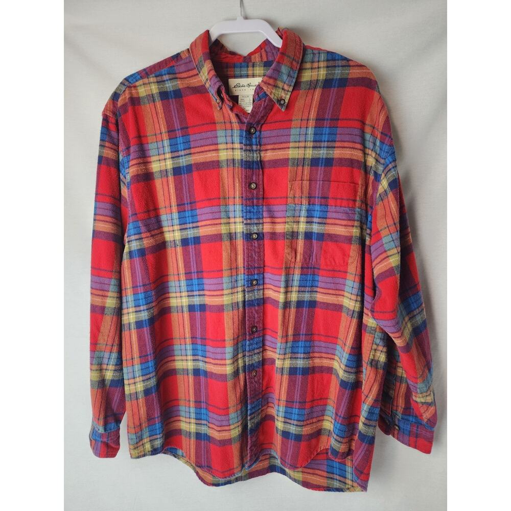 Eddie Bauer L Mens Red Plaid Flannel Shirt 100% Cotton Button Up Long Sleeve - Picture 3 of 9